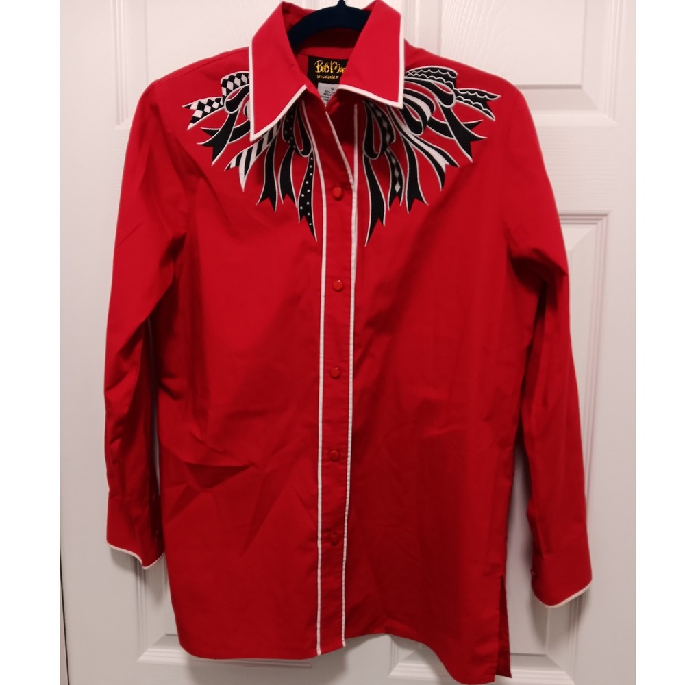 Bob Mackie Wearable Art Womens Red Western Embroidered Bow Button Up Shirt S - Picture 2 of 9